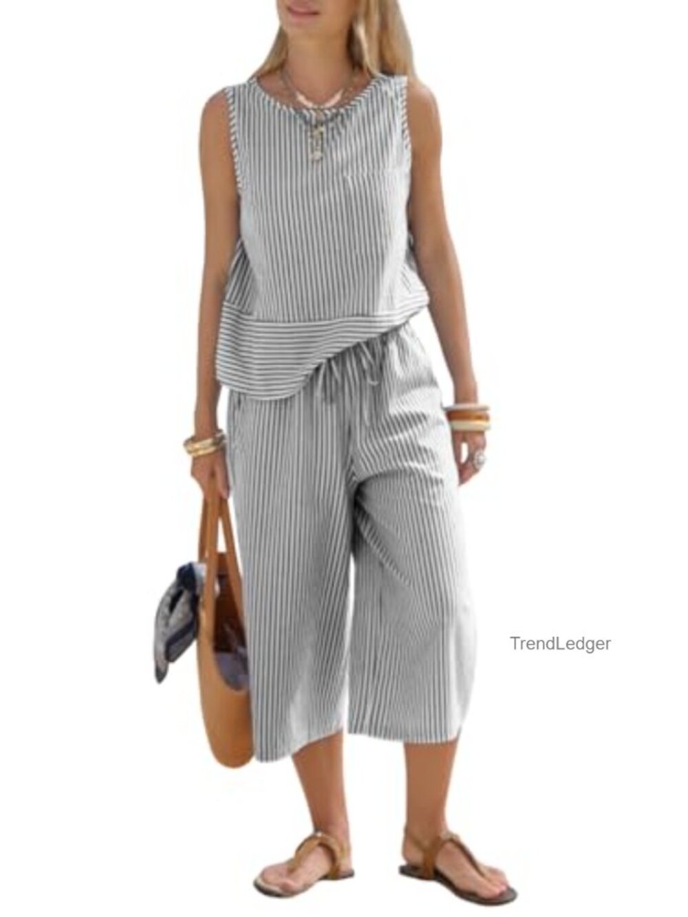 Women's 100% Cotton 2 Piece Outfit Sleeveless Top Capri Wide Leg Pants Set
